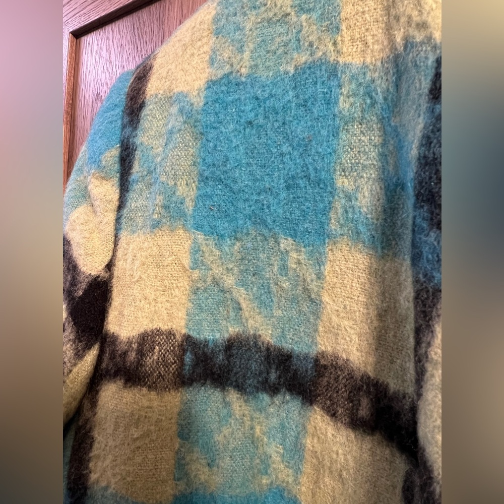Vintage Nouveaux Wool Mohair Blend Turquoise and Green Plaid Open Blazer Size 10 - Picture 4 of 6